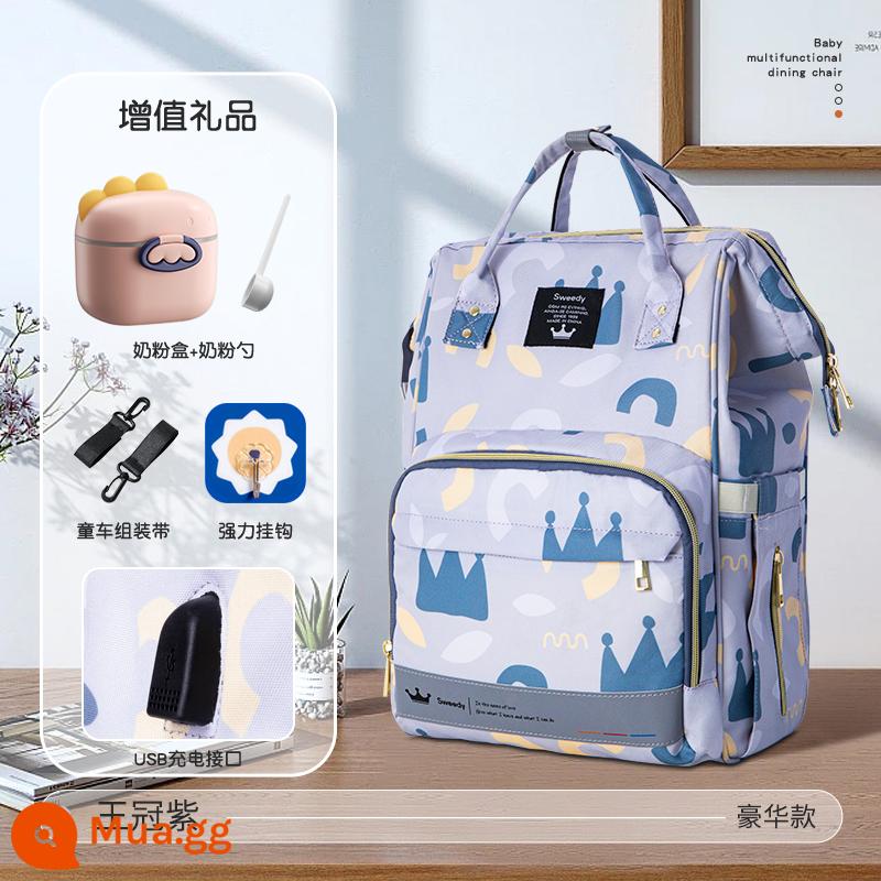 Mommy Bag 2022 Nâng da thời trang mới Tăng công suất gói Backpack Mom và Baby Mom Mom Moms Light Đa chức năng - Mẫu sang trọng màu tím vương miện