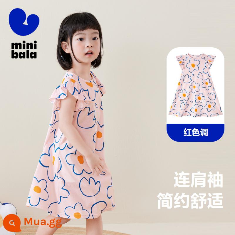 Mini Balabala Bé Gái Nhà Váy Cotton Thun Quả Bom Thoáng Khí Thấm Hút Mồ Hôi Rời Thoải Mái Váy Ngủ Trẻ Em Bộ Đồ Ngủ - Tông đỏ 00366