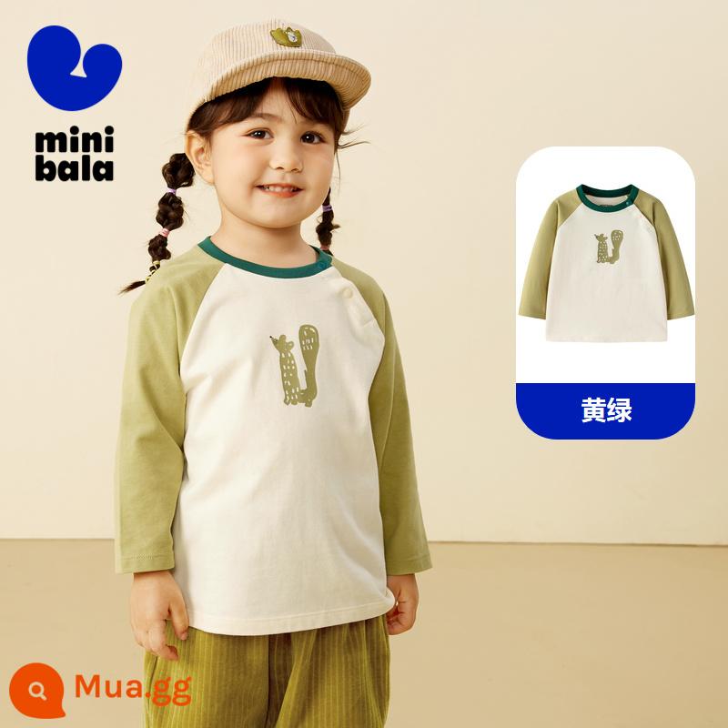 [糯米] Áo thun dài tay Balabala mini dành cho bé trai và bé gái mùa thu bằng vải cotton nguyên chất, áo phông đáy màu tương phản cho bé - Vàng xanh 41127-230124100205