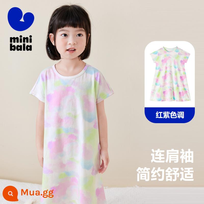 Mini Balabala Bé Gái Nhà Váy Cotton Thun Quả Bom Thoáng Khí Thấm Hút Mồ Hôi Rời Thoải Mái Váy Ngủ Trẻ Em Bộ Đồ Ngủ - Tông đỏ tím 00367