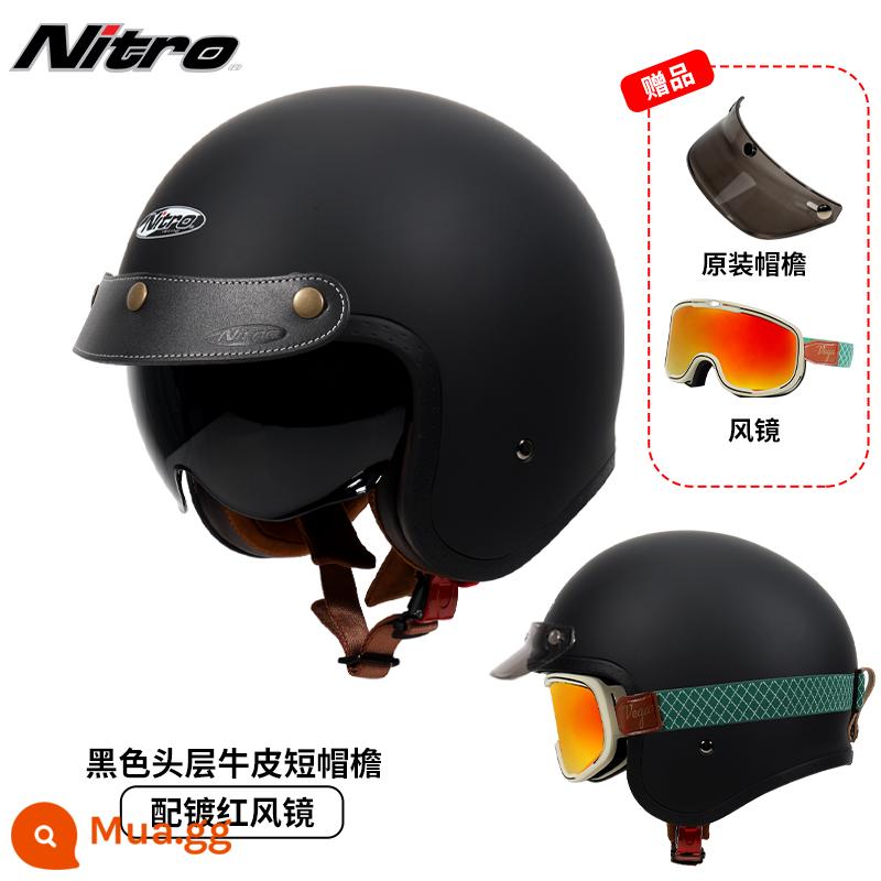 Anh Nitro Retro Harley Đầu Máy Mũ Nam Nữ Mùa Đông Chống Sương Mù Đầu Máy Mũ Bảo Hiểm Nửa Bluetooth Cá Tính Thoáng Mát chạy Bộ - Màu đen mờ (kèm kính bảo hộ viền xanh viền đỏ + vành mũ da đen)