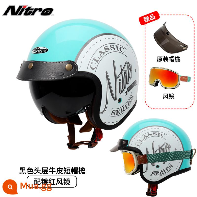 Anh Nitro Retro Harley Đầu Máy Mũ Nam Nữ Mùa Đông Chống Sương Mù Đầu Máy Mũ Bảo Hiểm Nửa Bluetooth Cá Tính Thoáng Mát chạy Bộ - Màu xanh Tiffany cổ điển (kính bảo hộ viền xanh viền đỏ + vành mũ da đen)