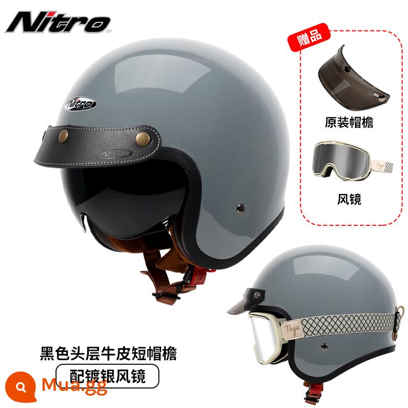 Anh Nitro Retro Harley Đầu Máy Mũ Nam Nữ Mùa Đông Chống Sương Mù Đầu Máy Mũ Bảo Hiểm Nửa Bluetooth Cá Tính Thoáng Mát chạy Bộ - Xi măng xám (gửi kính trắng thắt lưng mạ bạc + vành mũ da đen)