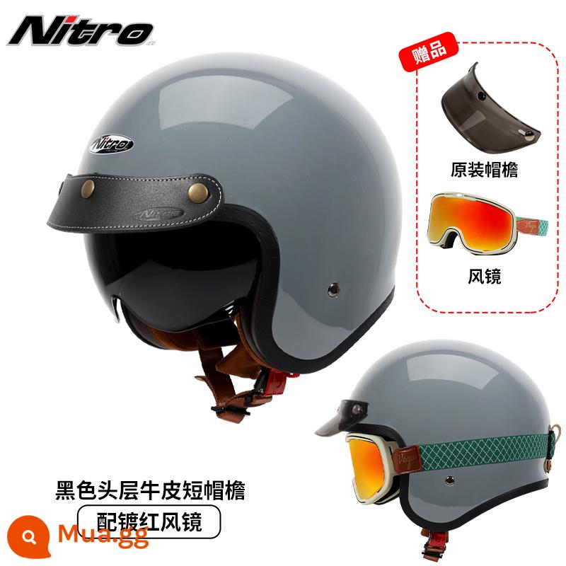 Anh Nitro Retro Harley Đầu Máy Mũ Nam Nữ Mùa Đông Chống Sương Mù Đầu Máy Mũ Bảo Hiểm Nửa Bluetooth Cá Tính Thoáng Mát chạy Bộ - Xám xi măng (kèm kính xanh viền đỏ + vành mũ da đen)