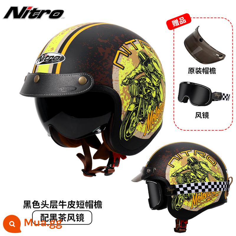 Anh Nitro Retro Harley Đầu Máy Mũ Nam Nữ Mùa Đông Chống Sương Mù Đầu Máy Mũ Bảo Hiểm Nửa Bluetooth Cá Tính Thoáng Mát chạy Bộ - Xe môtô màu vàng (kèm kính trà kẻ sọc đen + vành mũ da đen)