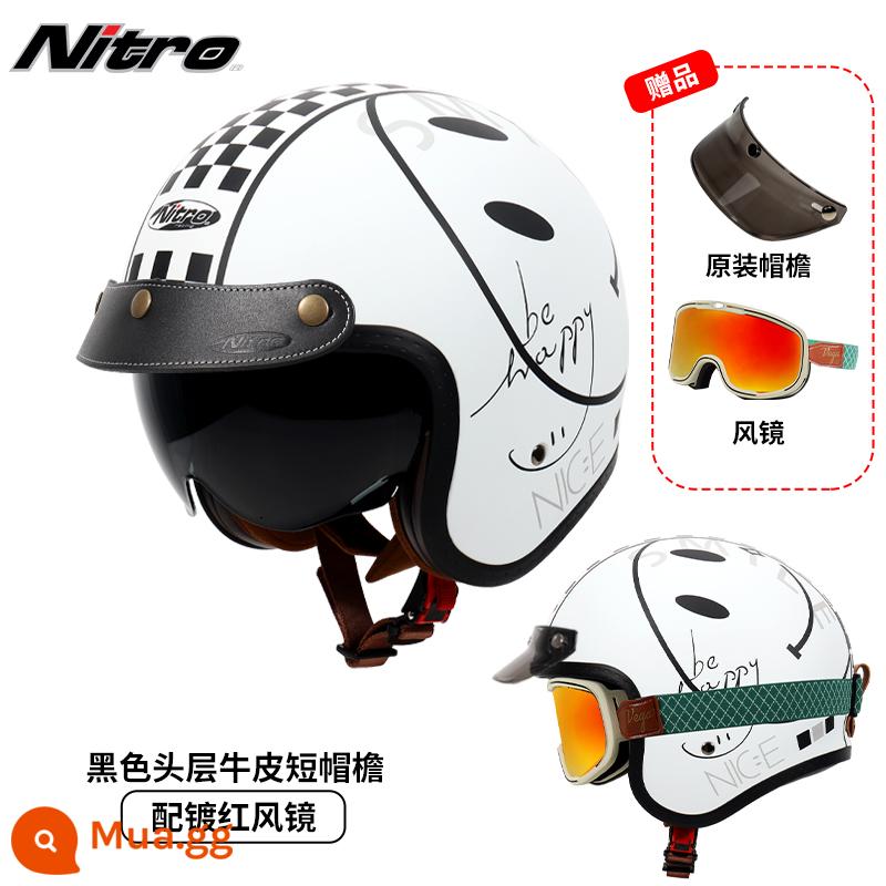 Anh Nitro Retro Harley Đầu Máy Mũ Nam Nữ Mùa Đông Chống Sương Mù Đầu Máy Mũ Bảo Hiểm Nửa Bluetooth Cá Tính Thoáng Mát chạy Bộ - Mặt Cười Trắng (kèm kính xanh viền đỏ + vành mũ da đen)