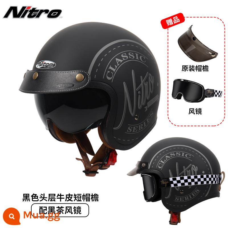 Anh Nitro Retro Harley Đầu Máy Mũ Nam Nữ Mùa Đông Chống Sương Mù Đầu Máy Mũ Bảo Hiểm Nửa Bluetooth Cá Tính Thoáng Mát chạy Bộ - Màu đen cổ điển (đi kèm kính trà đen kẻ sọc + vành mũ da đen)