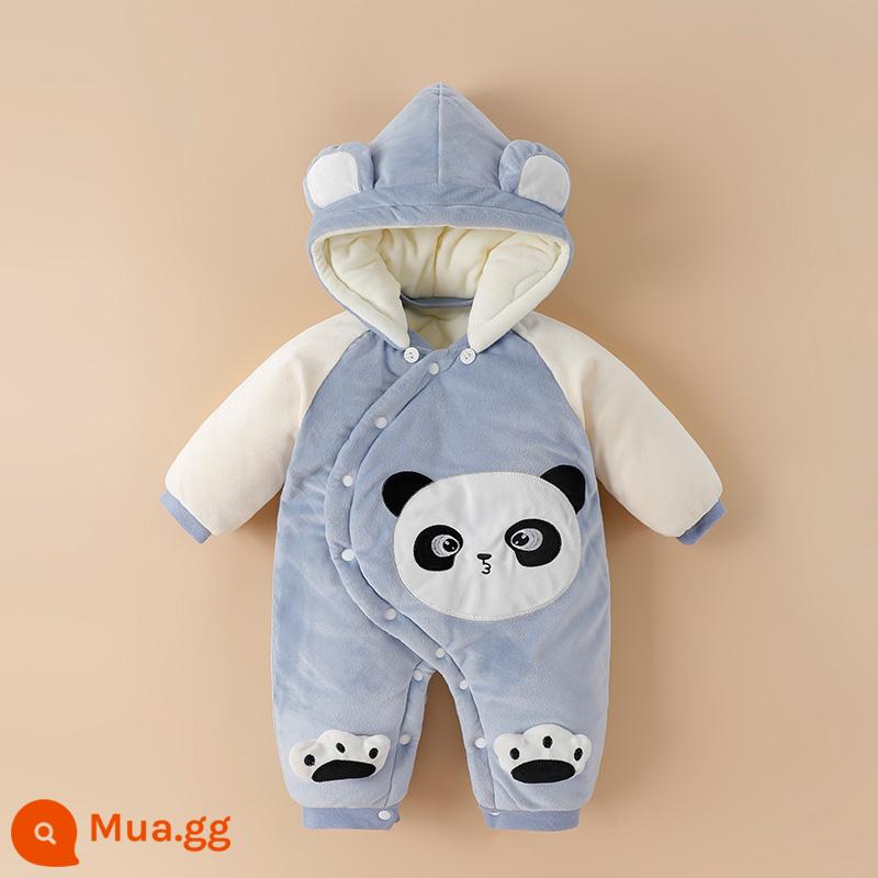 Bộ quần áo sơ sinh mùa thu đông nam nữ áo liền quần dày ấm áo liền quần cotton áo khoác đi chơi ôm sát phù hợp - gấu trúc xanh