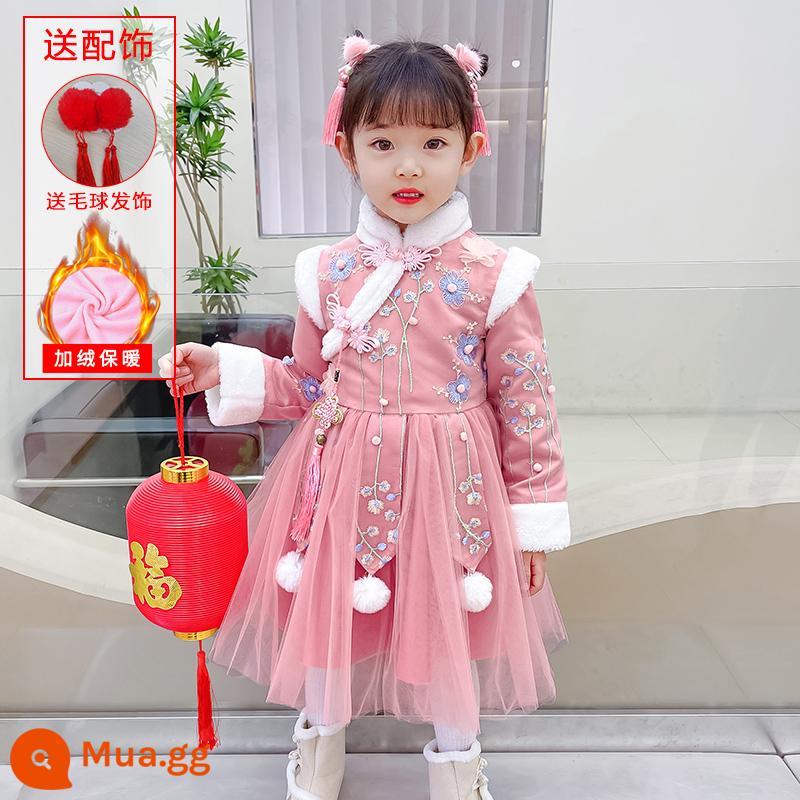 Hanfu Quần áo mùa đông cho bé gái Phong cách Trung Hoa Tang Suit Quần áo chúc mừng năm mới Sườn xám trẻ em bé gái Trang phục cổ trang phục mùa thu và mùa đông - 8594 hồng nhung khắp nơi [gửi bóng lông]