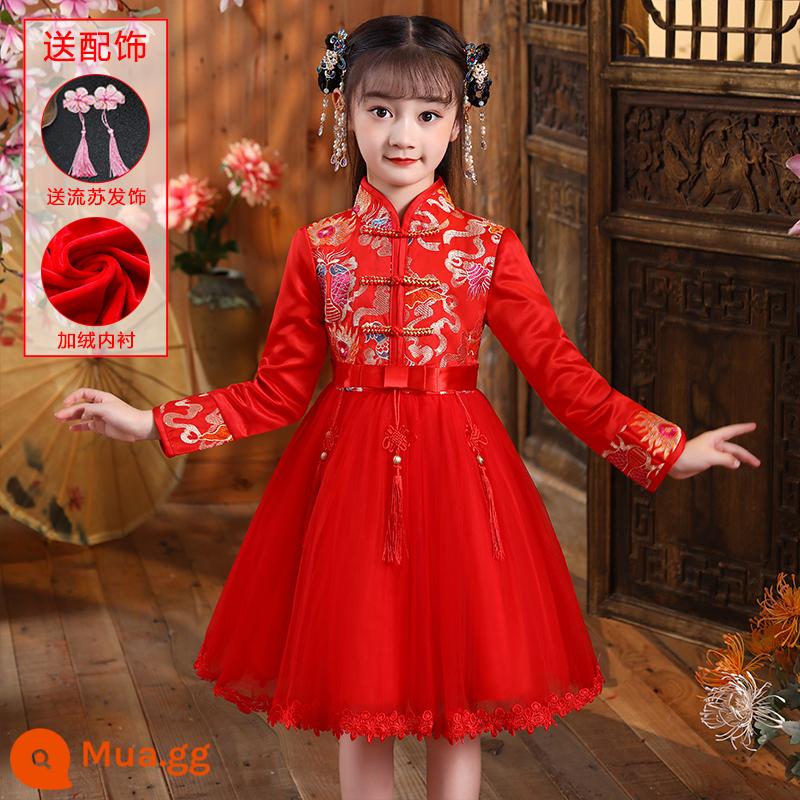 Hanfu Quần áo mùa đông cho bé gái Phong cách Trung Hoa Tang Suit Quần áo chúc mừng năm mới Sườn xám trẻ em bé gái Trang phục cổ trang phục mùa thu và mùa đông - 8155 nhung đỏ toàn thân [gửi kẹp tóc tua rua đỏ] [hàng có sẵn, giao hàng nhanh]