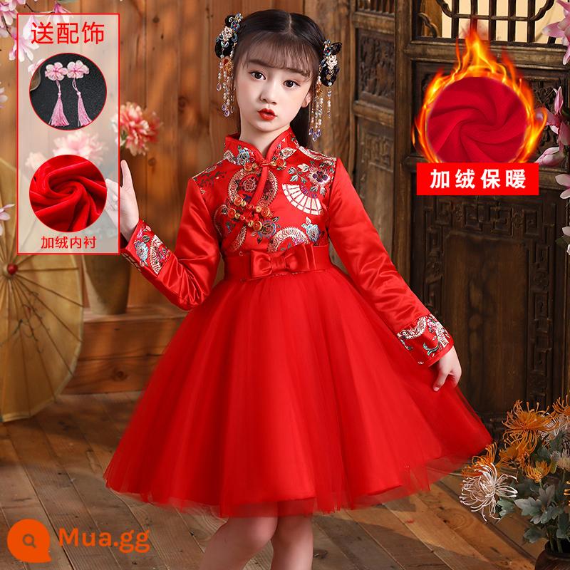 Hanfu Quần áo mùa đông cho bé gái Phong cách Trung Hoa Tang Suit Quần áo chúc mừng năm mới Sườn xám trẻ em bé gái Trang phục cổ trang phục mùa thu và mùa đông - 8501 nhung đỏ toàn thân [miễn phí kẹp tóc tua rua]