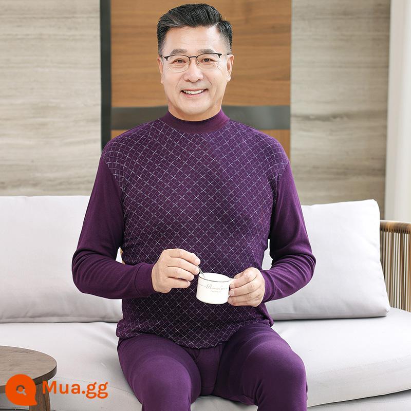 Trung niên và người cao tuổi quần áo mùa thu vệ sinh quần cotton nguyên chất của phụ nữ phù hợp với mẹ kích thước lớn sưởi ấm quần áo nam cao tuổi áo len cotton - Mẫu nam-3607 cổ áo đỏ sốt tím