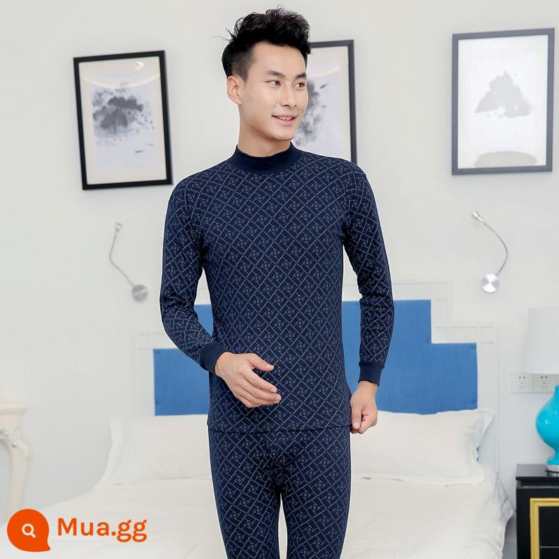 Trung niên và người cao tuổi quần áo mùa thu vệ sinh quần cotton nguyên chất của phụ nữ phù hợp với mẹ kích thước lớn sưởi ấm quần áo nam cao tuổi áo len cotton - Mẫu nam-Navy 6 cổ giữa