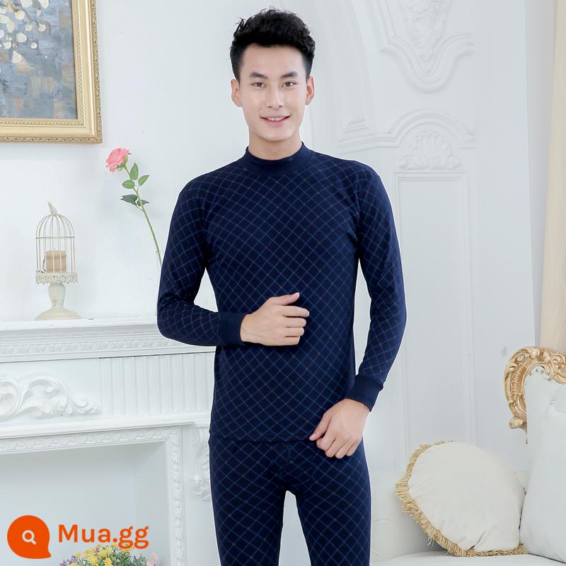 Trung niên và người cao tuổi quần áo mùa thu vệ sinh quần cotton nguyên chất của phụ nữ phù hợp với mẹ kích thước lớn sưởi ấm quần áo nam cao tuổi áo len cotton - Mẫu nam-4127 Cổ giữa màu xanh hải quân