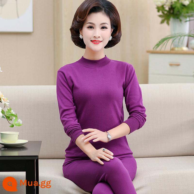 Trung niên và người cao tuổi quần áo mùa thu vệ sinh quần cotton nguyên chất của phụ nữ phù hợp với mẹ kích thước lớn sưởi ấm quần áo nam cao tuổi áo len cotton - Cổ áo màu tím trơn