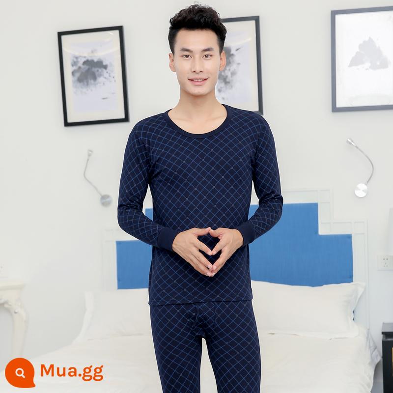 Trung niên và người cao tuổi quần áo mùa thu vệ sinh quần cotton nguyên chất của phụ nữ phù hợp với mẹ kích thước lớn sưởi ấm quần áo nam cao tuổi áo len cotton - Mẫu nam-4127 cổ tròn màu xanh navy