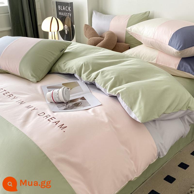 Bộ 4 món chăn ga gối cotton nguyên chất 100 màu trơn cao cấp toàn bộ cotton màu trơn Bộ chăn ga gối đôi chiến đấu tấm ga trải giường được trang bị tấm 4 - Khối màu xám hồng xanh