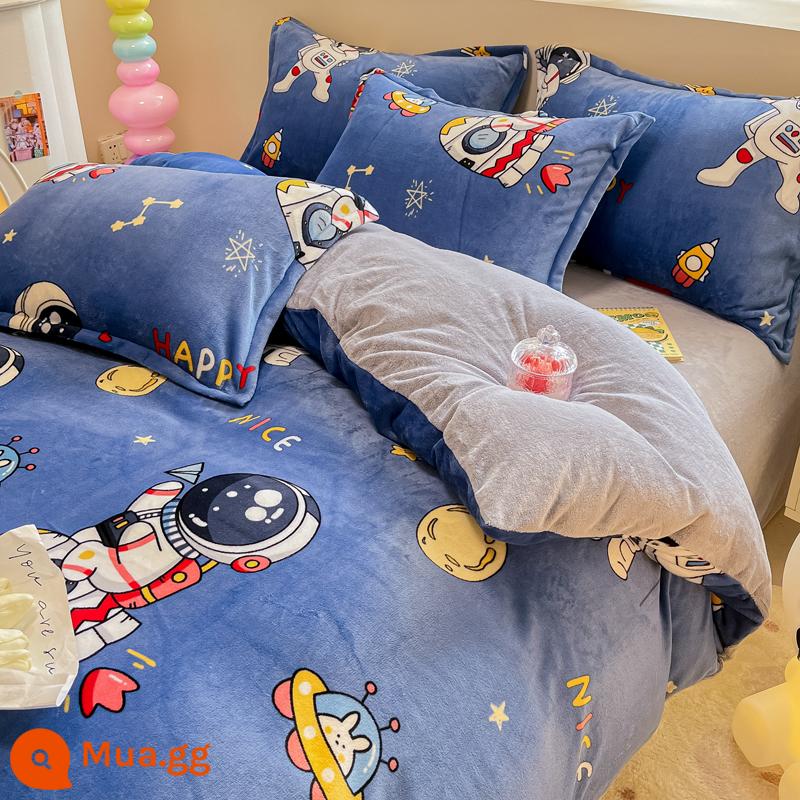 Sữa nhung san hô giường 4 2 mặt nỉ dày Plus nhung trẻ em vỏ chăn 3 bộ giường ngủ mùa đông - Space Boy-Dày Sữa Nhung