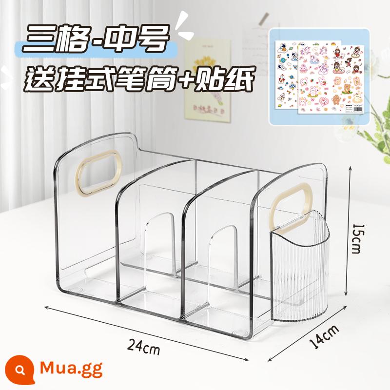 Máy Tính Để Bàn Giá Sách Acrylic Trong Suốt Sách Học Sinh Để Bàn Chia Bút Có Giá Để Đồ Hộp Bảo Quản - [Hình dán dễ thương miễn phí] ❤Kích thước trung bình ba ngăn trong suốt + hộp đựng bút