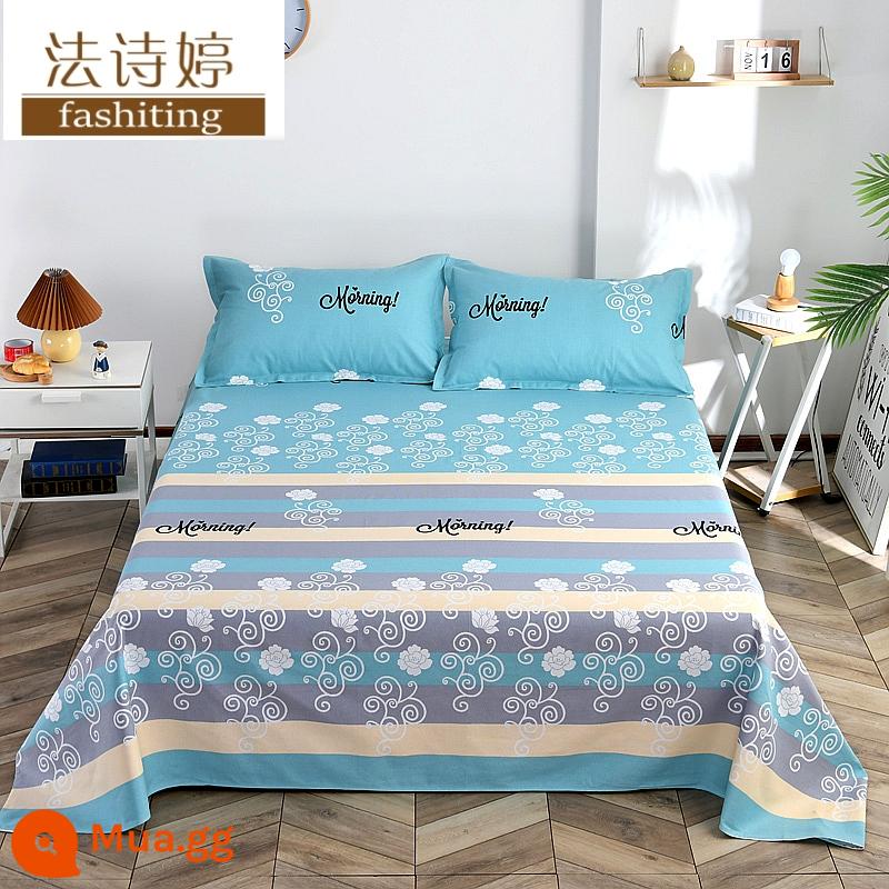 Ga trải giường cotton dày tấm đơn 100 cotton tấm vải thô cũ 1 mét 51,8m học sinh đơn 1,2 bộ ba mảnh - Chào buổi sáng - màu xanh