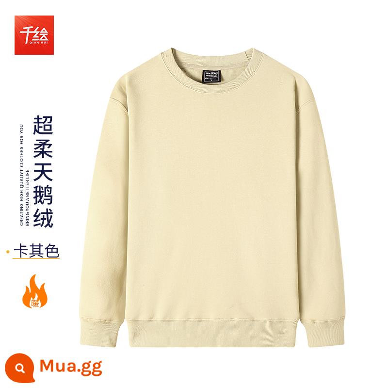 Cổ tròn cotton dày T in logo theo yêu cầu cộng với nhung dài tay nam nữ cùng phong cách đội văn hóa công ty áo sơ mi công sở quần áo mùa thu đông - Kaki cổ tròn cộng với nhung