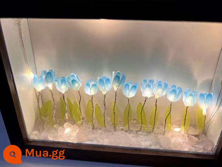 Đèn ngủ hoa tulip khung ảnh handmade tự làm chất liệu hoa vĩnh cửu trang trí cho bạn gái quà tặng sinh nhật bạn gái - Màu xanh [10 bông hoa] 6 inch một mặt