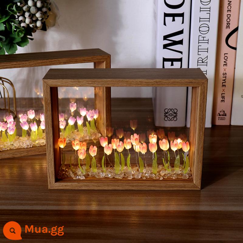 Đèn ngủ hoa tulip khung ảnh handmade tự làm chất liệu hoa vĩnh cửu trang trí cho bạn gái quà tặng sinh nhật bạn gái - Hồng [10 bông hoa] 7 inch 2 mặt