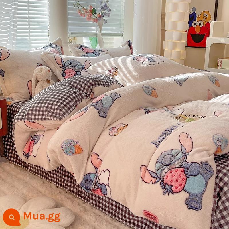 Mùa Đông Dày Sữa Nhung Giường 4 Ấm 2 Mặt Nhung San Hô Thu Đông Vỏ Chăn Plus Nhung 3 Bộ Giường - YY Lively Stitch [lông cừu sữa mềm mại và thân thiện với da, dày và ấm]