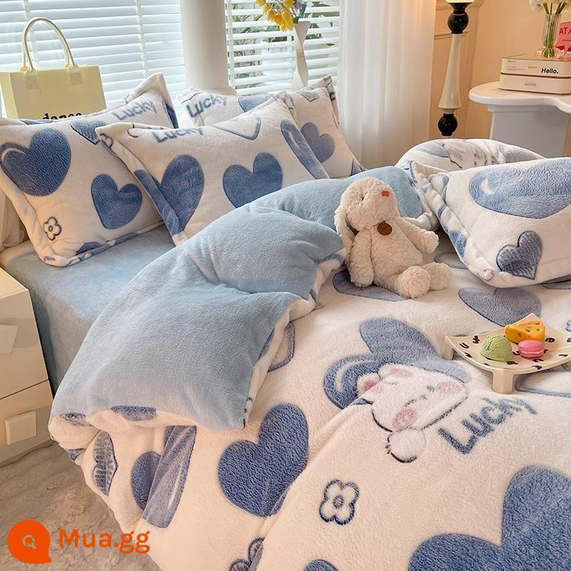 Mùa Đông Dày Sữa Nhung Giường 4 Ấm 2 Mặt Nhung San Hô Thu Đông Vỏ Chăn Plus Nhung 3 Bộ Giường - YY Blue Heart Rabbit [nhung sữa mềm mại và thân thiện với da, dày và ấm]