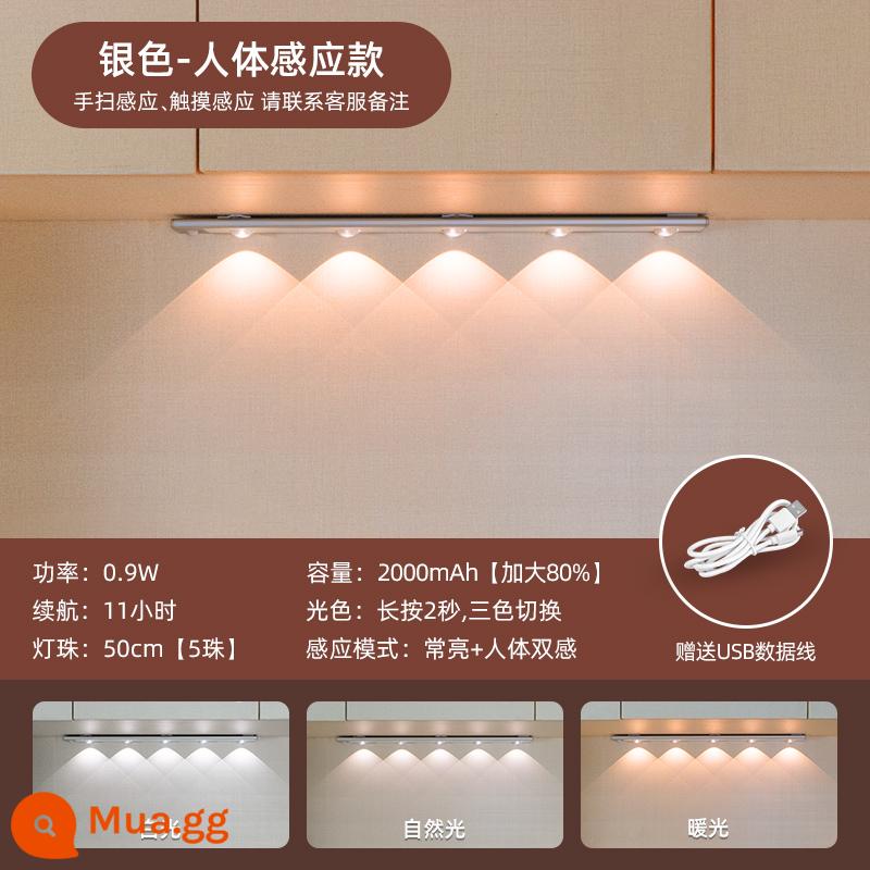 Đèn LED có thể sạc lại đèn cảm ứng cơ thể người với tủ quần áo không dây tổng thể tủ đèn đồi tủ rượu không dây tủ giày dải ánh sáng gợn sóng - [Bạc] Loại cơ thể người 50CM [Luôn sáng + độ nhạy sáng có thể điều chỉnh + ba màu + điều chỉnh độ sáng vô cấp + 2000mAh]