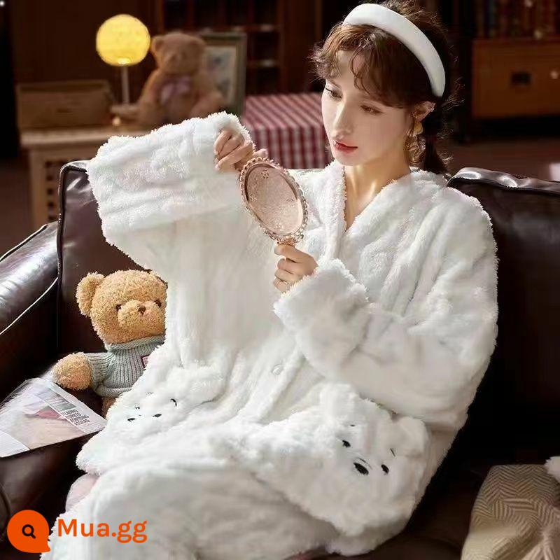 Bộ đồ ngủ lông cừu san hô phụ nữ có thể mặc flannel chất lượng cao mùa đông ấm áp mùa thu và mùa đông phù hợp với dịch vụ tại nhà - Gấu mật trắng phong cách nhung