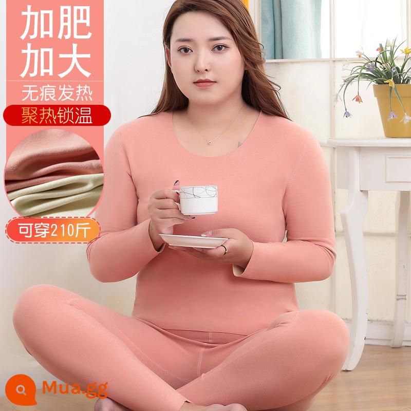 Thêm phân bón và tăng quần áo nóng tóc nóng. Bộ quần áo phụ nữ Fat Mm Qiu Yi Vệ sinh Ladies Đau đớn cộng với áo nhung dưới cùng - [Bộ] Hồng