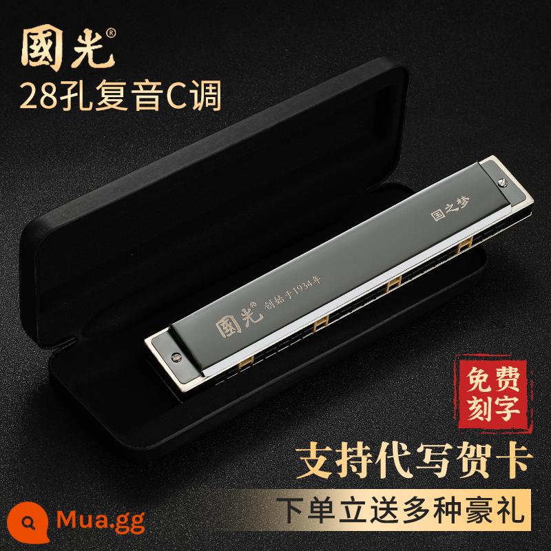 Shanghai Guoguang harmonica 24 lỗ 28 lỗ đa âm phím C giọng người mới bắt đầu học sinh người lớn trẻ em nhập cảnh cấp hiệu suất - National Dream 28 lỗ đa âm đen + trọn bộ quà tặng