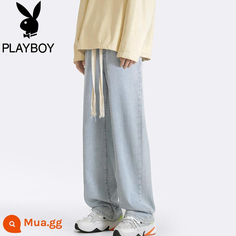 Playboy dây rút màu trơn cộng với quần jean dày nhung xu hướng mùa đông nam ống rộng đường phố cao quần thẳng tất cả phù hợp - 5225 màu xanh