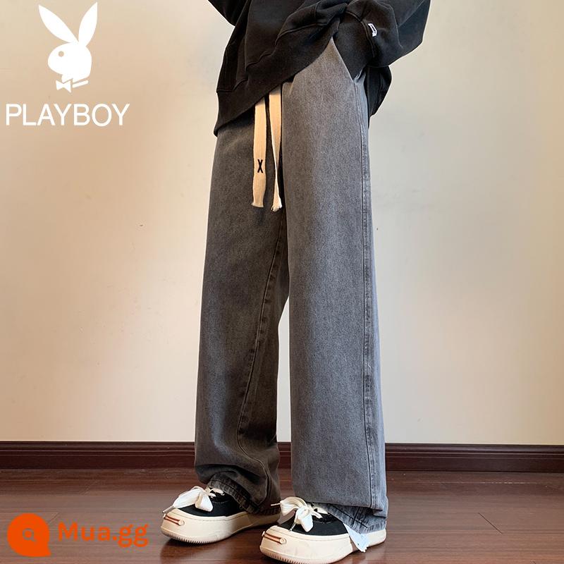 Playboy dây rút màu trơn cộng với quần jean dày nhung xu hướng mùa đông nam ống rộng đường phố cao quần thẳng tất cả phù hợp - màu xám đen