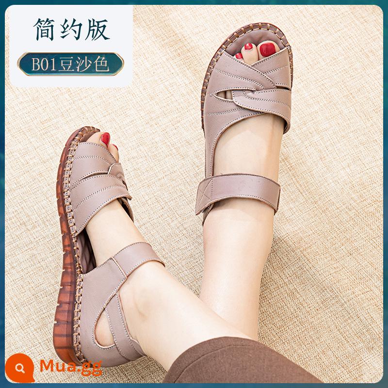 Giày sandal nữ cao tuổi chống trượt mùa hè da gân đáy thoải mái Giày sandal mẹ đế mềm giày da trung niên đế bằng - Phiên bản đơn giản của đậu dán