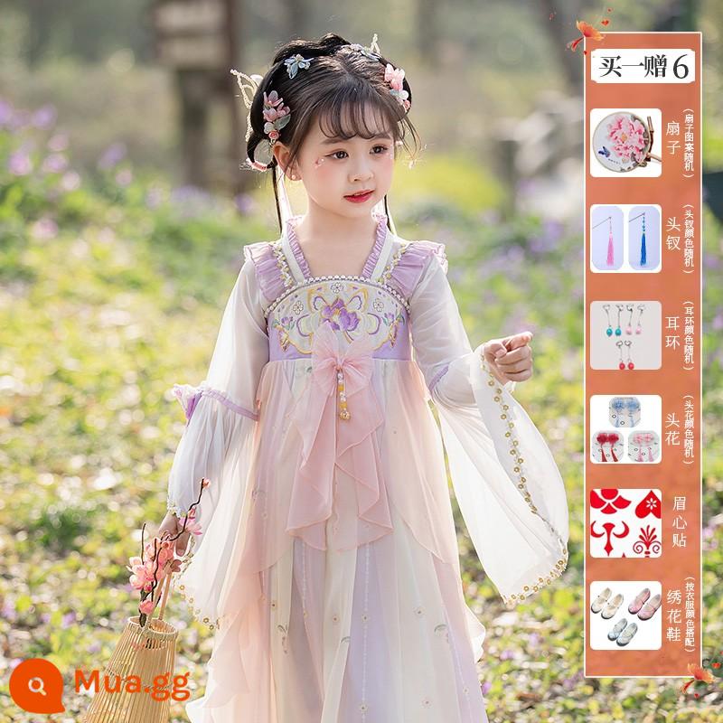 Girls' Hanfu Summer Children's Flower God Trang phục cổ đại Qi bất tử 2023 Đầm kiểu Trung Quốc mới mùa hè Super Fairy Girl - Fantasy Butterfly Tím (Mua Một Tặng Năm) + Giày Thêu