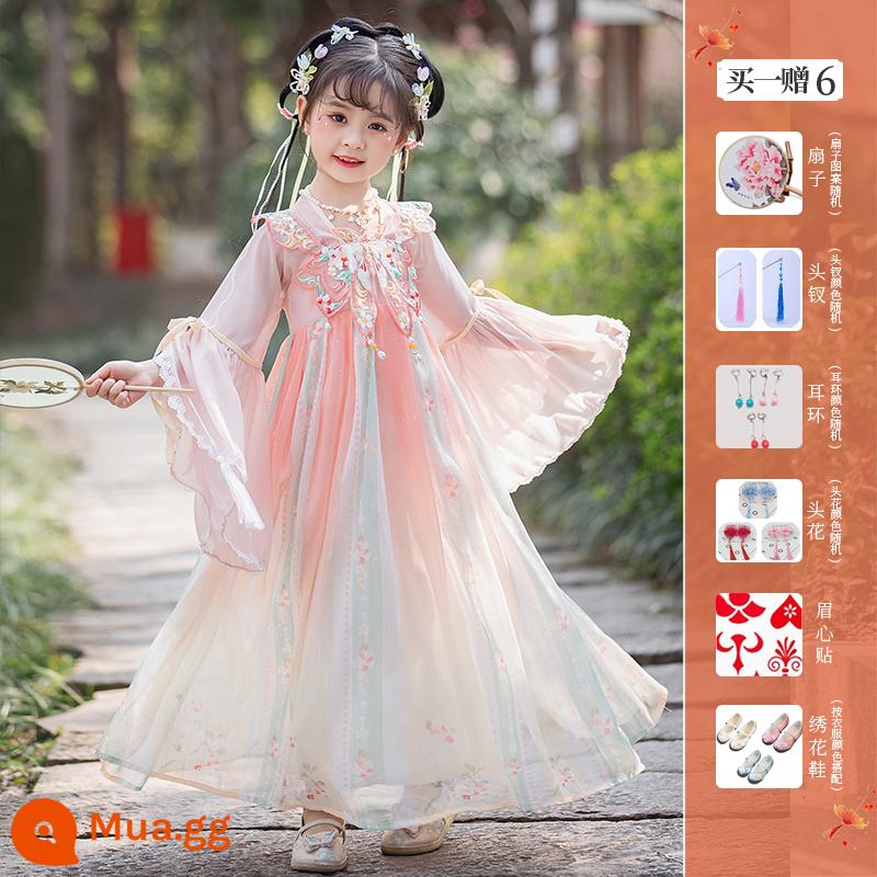 Girls' Hanfu Summer Children's Flower God Trang phục cổ đại Qi bất tử 2023 Đầm kiểu Trung Quốc mới mùa hè Super Fairy Girl - Dielianhua hồng (mua một tặng năm) + giày thêu (ghi chú kích thước)