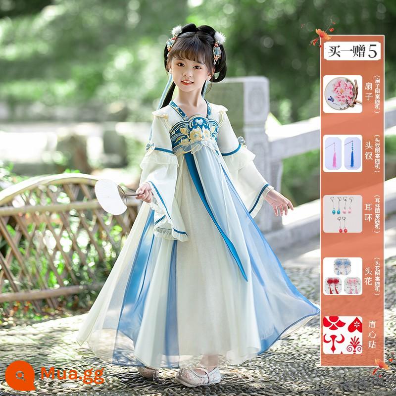 Girls' Hanfu Summer Children's Flower God Trang phục cổ đại Qi bất tử 2023 Đầm kiểu Trung Quốc mới mùa hè Super Fairy Girl - Huaxi Blue (mua một tặng năm)