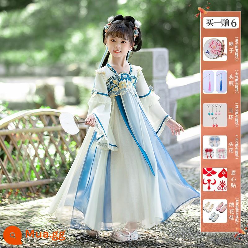 Girls' Hanfu Summer Children's Flower God Trang phục cổ đại Qi bất tử 2023 Đầm kiểu Trung Quốc mới mùa hè Super Fairy Girl - Hua Xi Blue (mua một tặng sáu) bao gồm cả giày thêu