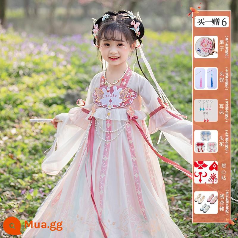 Girls' Hanfu Summer Children's Flower God Trang phục cổ đại Qi bất tử 2023 Đầm kiểu Trung Quốc mới mùa hè Super Fairy Girl - Thỏ trắng hồng hồng (mua một tặng năm) + giày thêu