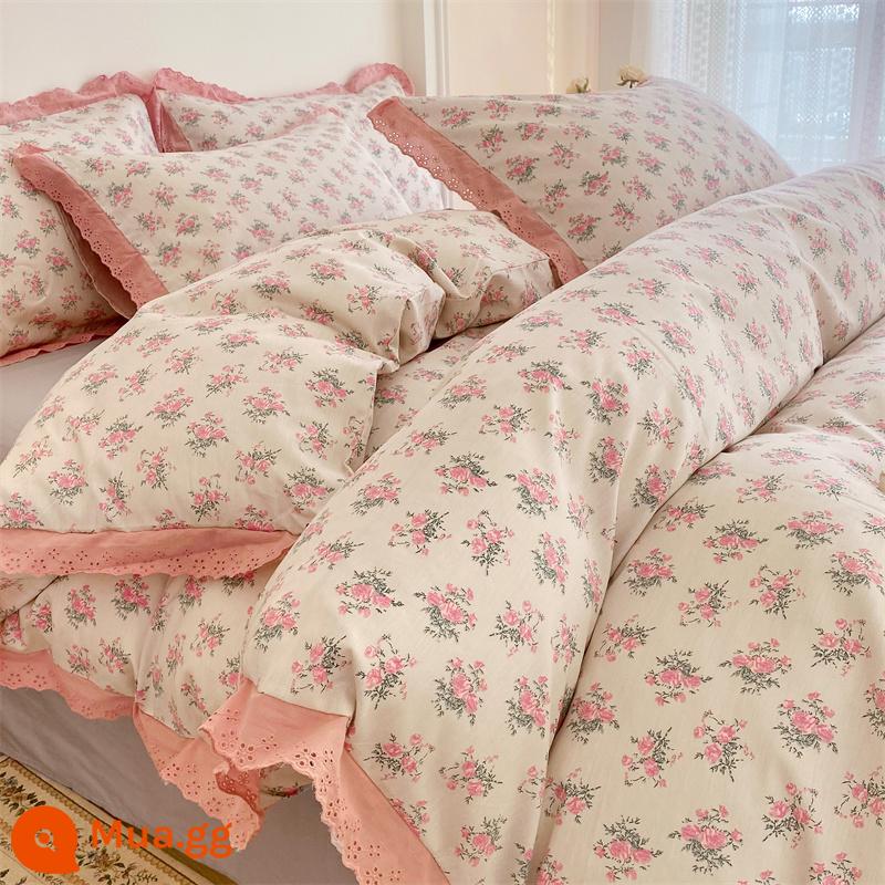 Bộ 4 món giường cotton nguyên chất tươi mát nhỏ 100 cotton ga trải giường phong cách công chúa Ren Hàn Quốc 3 mảnh vừa vặn ga chần bông 4 - HTJ-Bảy màu kiểu ren hoa [kiểu ren cotton nguyên chất]