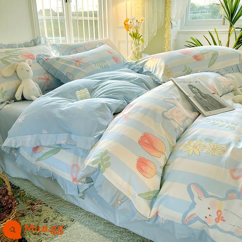 Bộ 4 món giường cotton nguyên chất tươi mát nhỏ 100 cotton ga trải giường phong cách công chúa Ren Hàn Quốc 3 mảnh vừa vặn ga chần bông 4 - HTJ kiểu ren thỏ trắng [kiểu ren cotton nguyên chất]