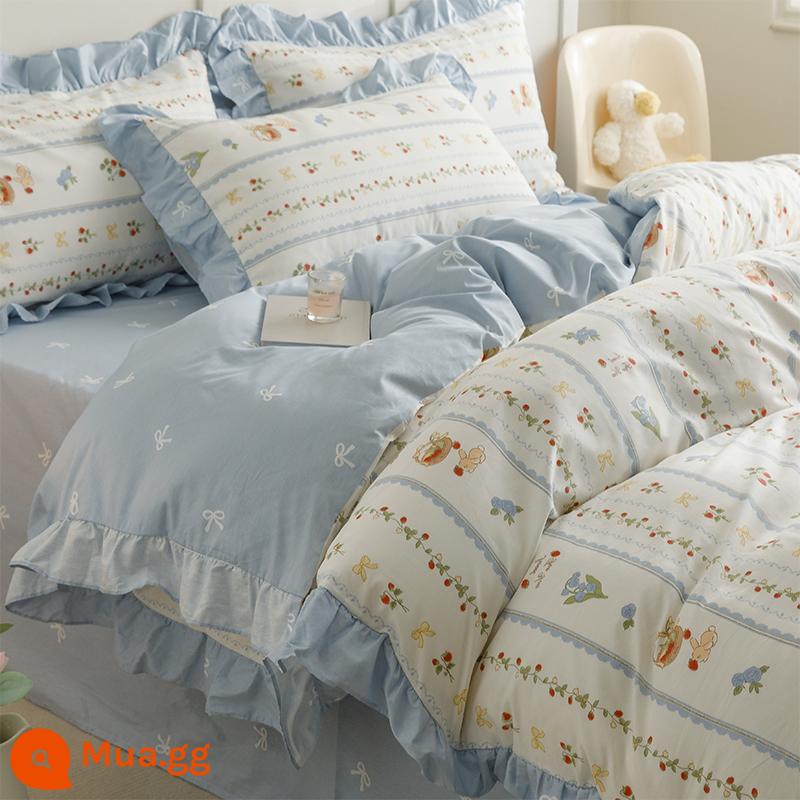 Bộ 4 món giường cotton nguyên chất tươi mát nhỏ 100 cotton ga trải giường phong cách công chúa Ren Hàn Quốc 3 mảnh vừa vặn ga chần bông 4 - YSH-Ren Dâu Vườn [Ren Cotton Nguyên Chất]