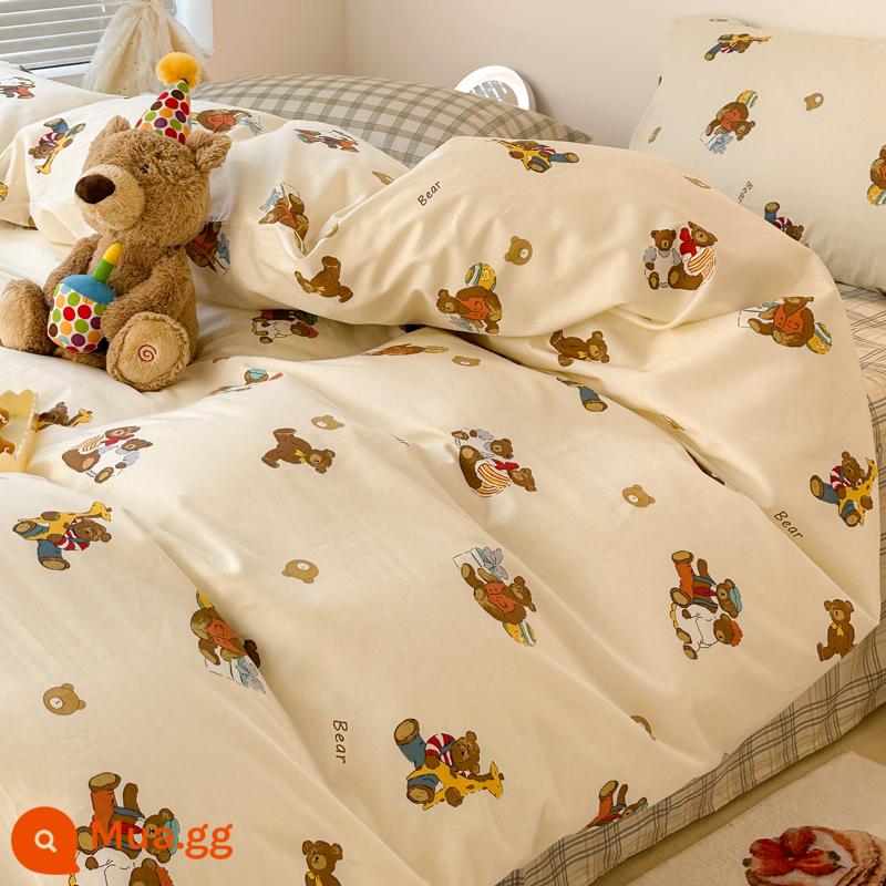 Giường cotton nguyên chất Bộ 4 món 100 cotton ký túc xá Bộ giường 3 mảnh ga trải giường mục vụ hoa vỏ chăn 4 bộ đồ giường phong cách công chúa - XK quà tặng gấu con