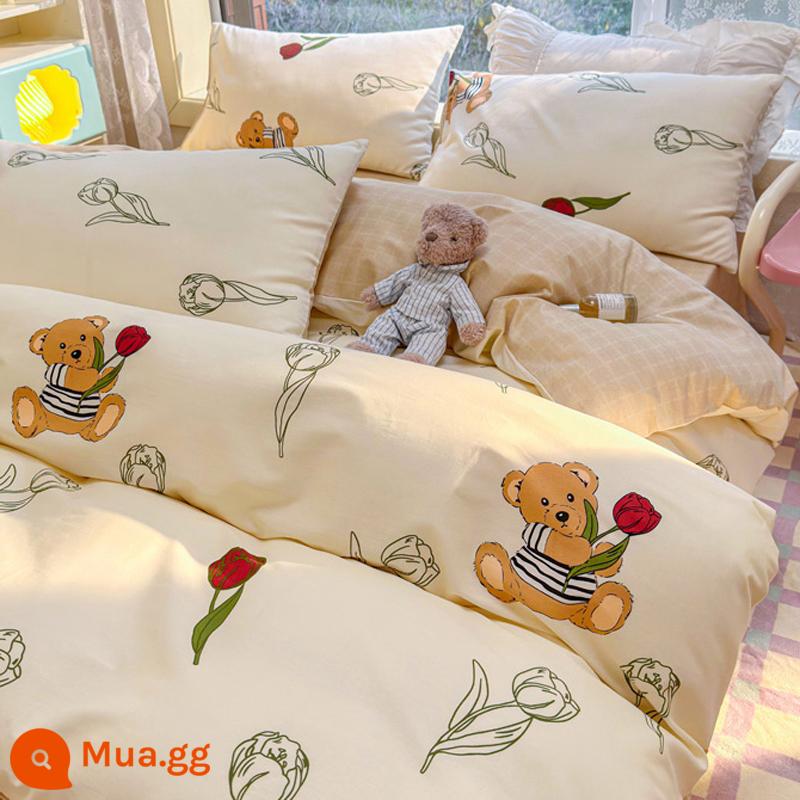 Bộ 4 món giường cotton nguyên chất theo phong cách Ins 100 cotton chăn ga gối trẻ em hoạt hình ký túc xá bộ 3 món chăn ga gối trang bị ga - Gấu sọc MX