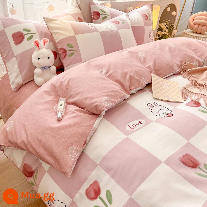 Vỏ chăn bông nguyên chất 150x200 mảnh đơn 100 cotton ga trải giường trẻ em 200x230 ký túc xá nữ vỏ chăn 1,5 mét - MC chú thỏ hoa tulip