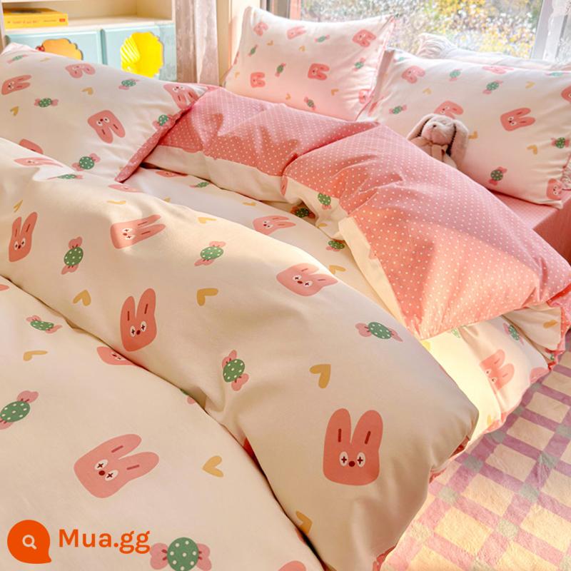 Bộ 4 món giường cotton nguyên chất theo phong cách Ins 100 cotton chăn ga gối trẻ em hoạt hình ký túc xá bộ 3 món chăn ga gối trang bị ga - Thỏ kẹo MX