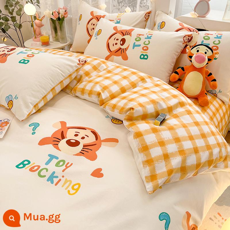 Disney Mickey Giường Cotton Bộ 4 Bộ 100 Cotton Bộ Đồ Giường Trẻ Em Bộ 3 Món Nam Vỏ Chăn Trang Bị tấm Tấm 4 - J nhảy con hổ dễ thương