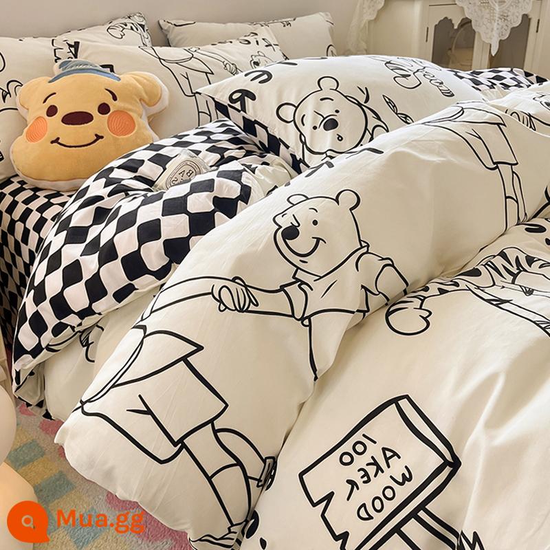 Công Chúa Disney Giường Cotton Nguyên Chất Bộ 4 Bộ 100 Cotton Chăn Ga Gối Trẻ Em Ký Túc Xá 3 Mảnh Ga Giường Nữ Vỏ Chăn 4 - MC đen trắng